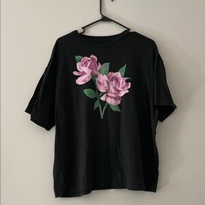 Black T-Shirt with Pink Floral Design
